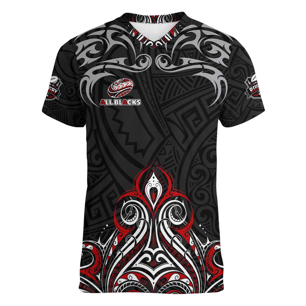 All Black NZL Rugby Champions Women V-Neck T-Shirt Maori Warrior