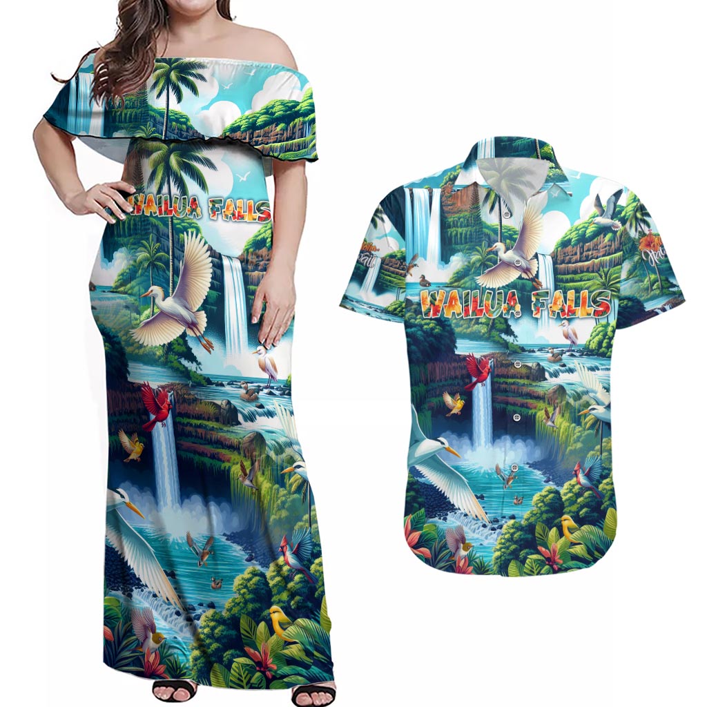 Wailua Falls Hawaii Couples Matching Off Shoulder Maxi Dress and Hawaiian Shirt Kauai Natural Beauty