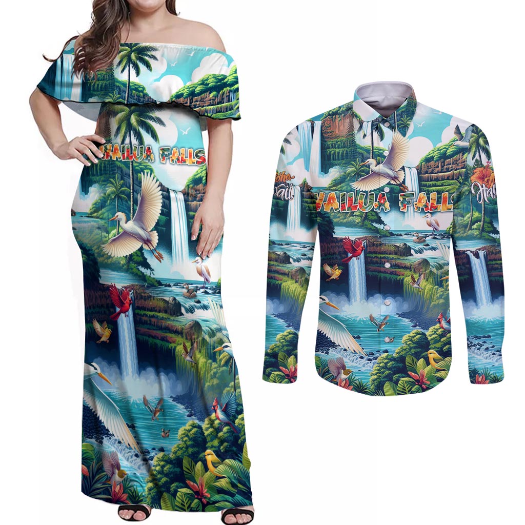 Wailua Falls Hawaii Couples Matching Off Shoulder Maxi Dress and Long Sleeve Button Shirt Kauai Natural Beauty