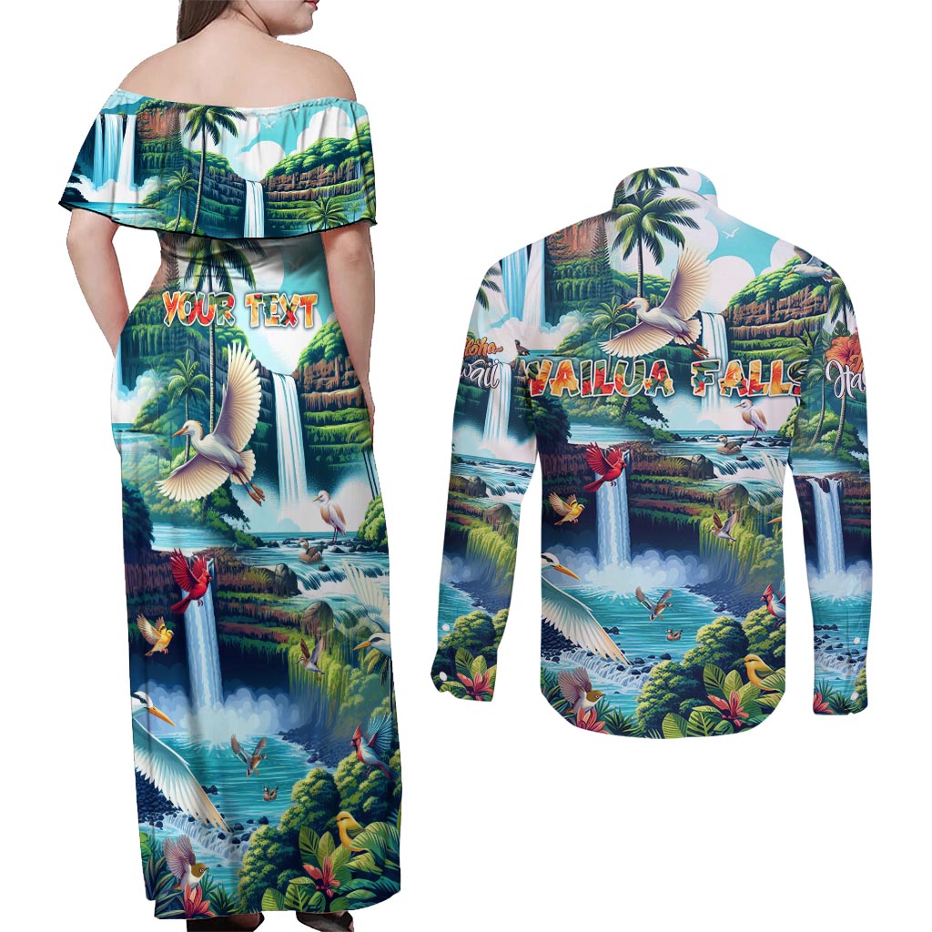 Wailua Falls Hawaii Couples Matching Off Shoulder Maxi Dress and Long Sleeve Button Shirt Kauai Natural Beauty