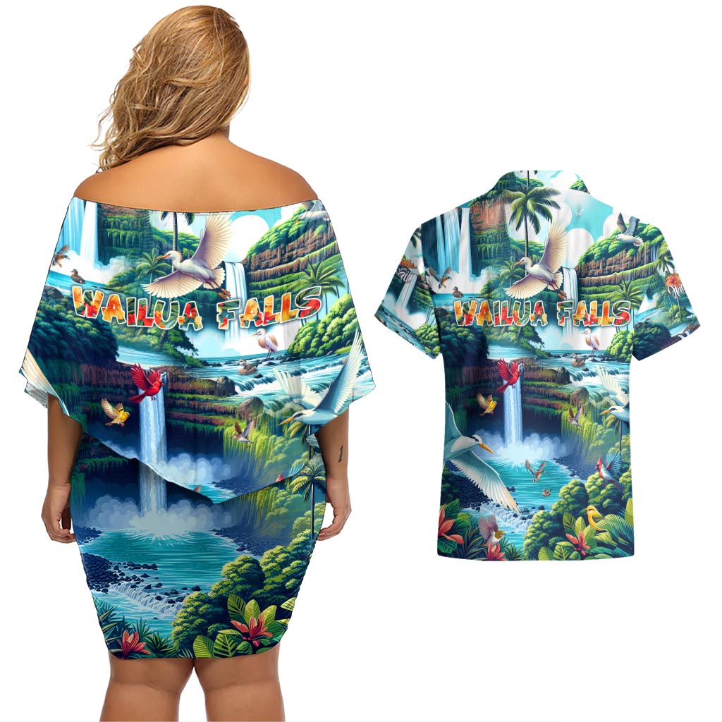 Wailua Falls Hawaii Couples Matching Off Shoulder Short Dress and Hawaiian Shirt Kauai Natural Beauty