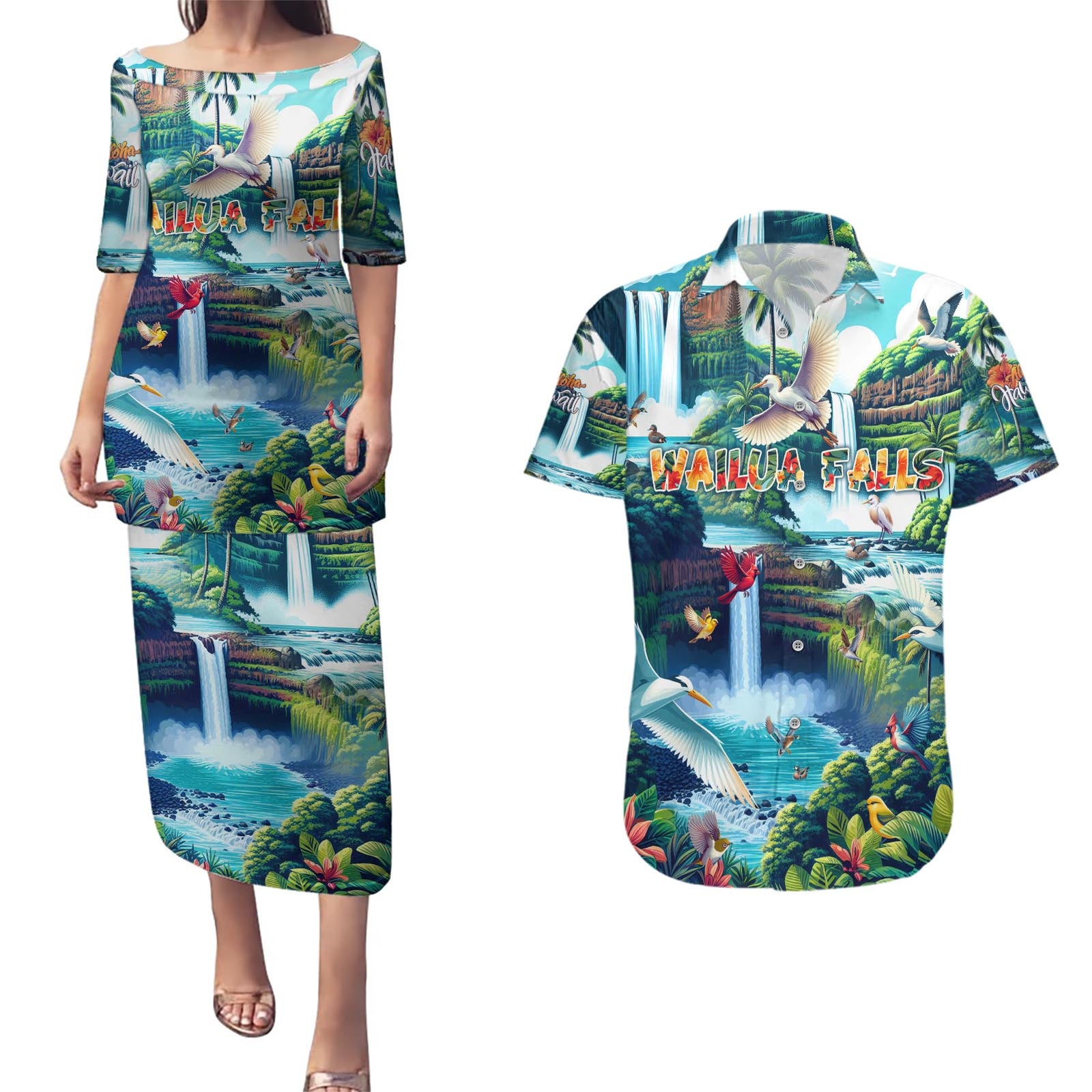 Wailua Falls Hawaii Couples Matching Puletasi and Hawaiian Shirt Kauai Natural Beauty