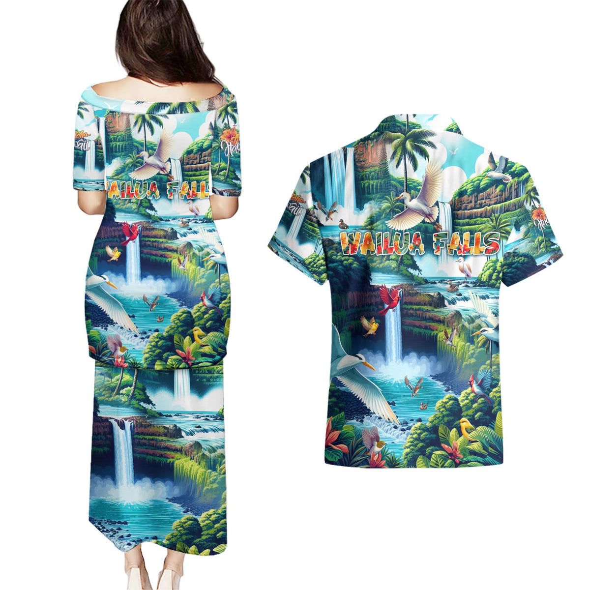 Wailua Falls Hawaii Couples Matching Puletasi and Hawaiian Shirt Kauai Natural Beauty