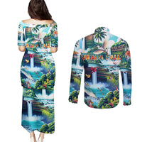 Wailua Falls Hawaii Couples Matching Puletasi and Long Sleeve Button Shirt Kauai Natural Beauty