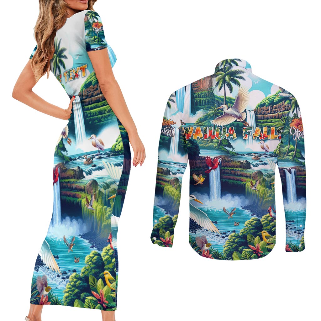 Wailua Falls Hawaii Couples Matching Short Sleeve Bodycon Dress and Long Sleeve Button Shirt Kauai Natural Beauty