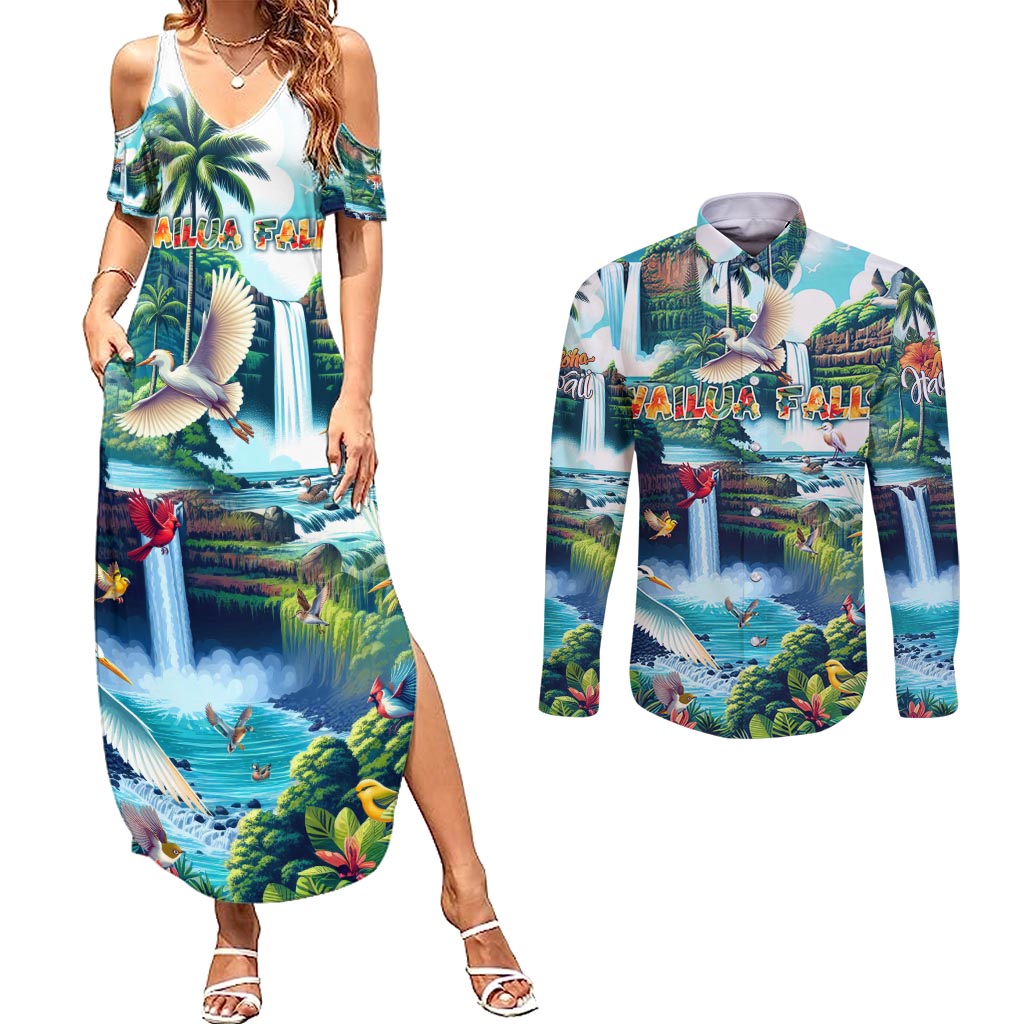 Wailua Falls Hawaii Couples Matching Summer Maxi Dress and Long Sleeve Button Shirt Kauai Natural Beauty