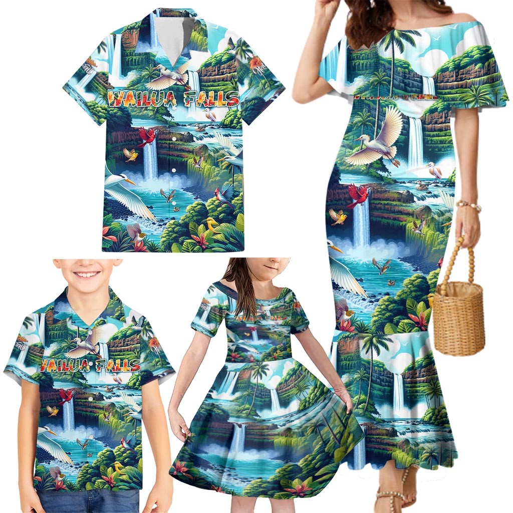 Wailua Falls Hawaii Family Matching Mermaid Dress and Hawaiian Shirt Kauai Natural Beauty