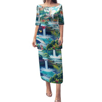 Wailua Falls Hawaii Family Matching Puletasi and Hawaiian Shirt Kauai Natural Beauty