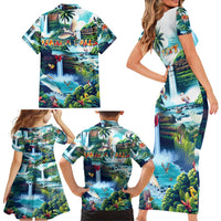 Wailua Falls Hawaii Family Matching Short Sleeve Bodycon Dress and Hawaiian Shirt Kauai Natural Beauty