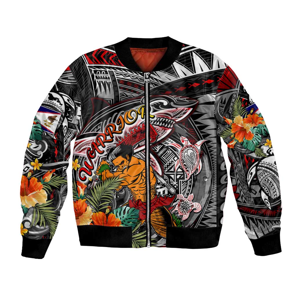 Personalized American Samoa Warrior Bomber Jacket Shark Turtle Polynesian Tattoo