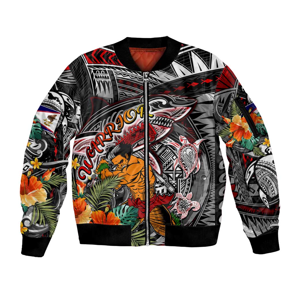 Personalized American Samoa Warrior Sleeve Zip Bomber Jacket Shark Turtle Polynesian Tattoo