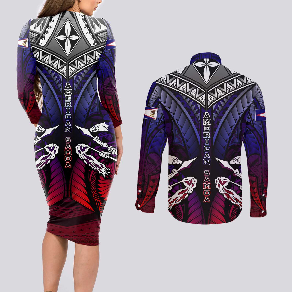 Personalized American Samoa Flag Couples Matching Long Sleeve Bodycon Dress and Long Sleeve Button Shirt Eagles Polynesian Art