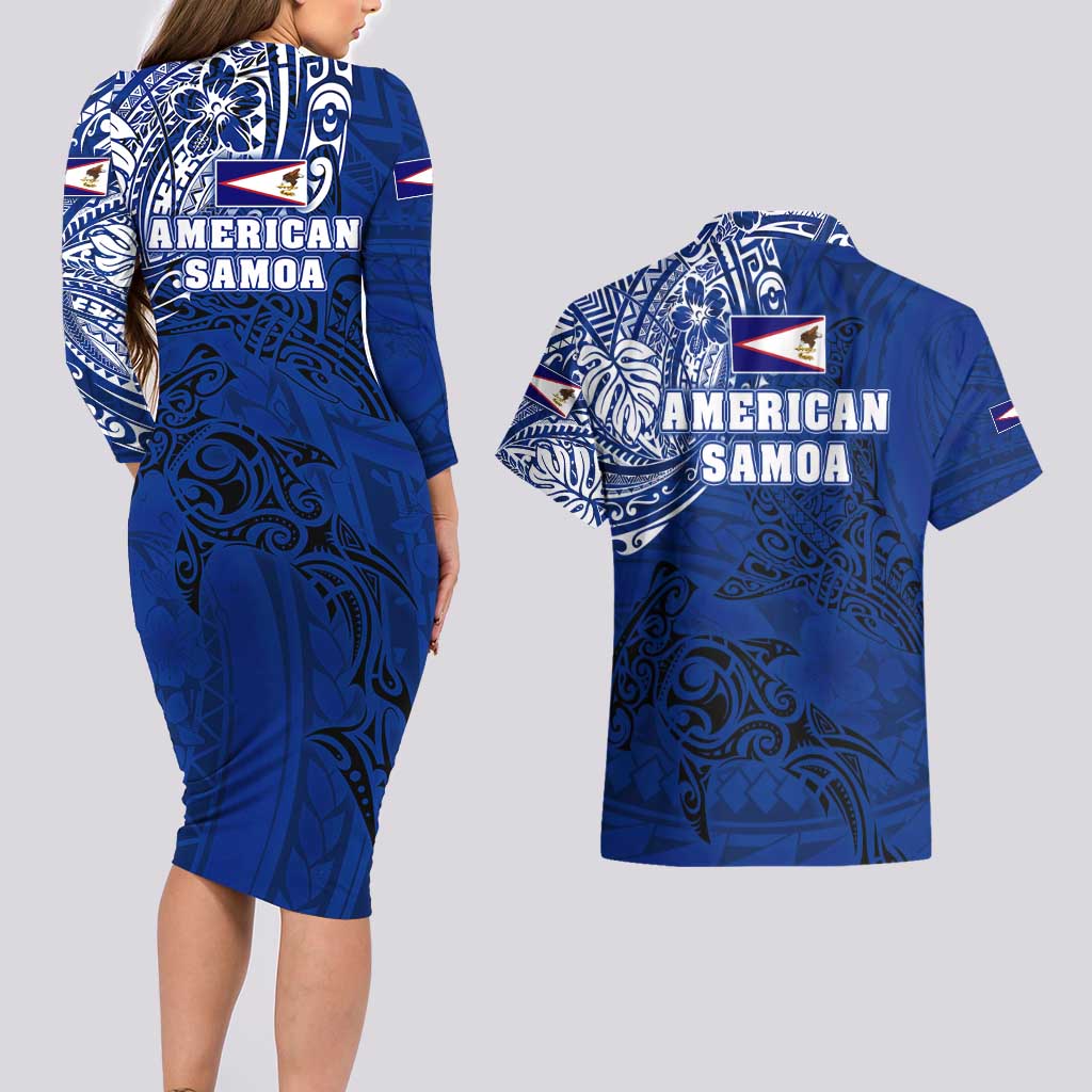 Sharks And American Samoa Couples Matching Long Sleeve Bodycon Dress and Hawaiian Shirt Simple Polynesian Blue
