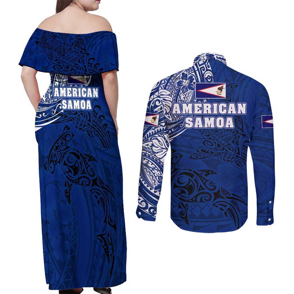 Sharks And American Samoa Couples Matching Off Shoulder Maxi Dress and Long Sleeve Button Shirt Simple Polynesian Blue
