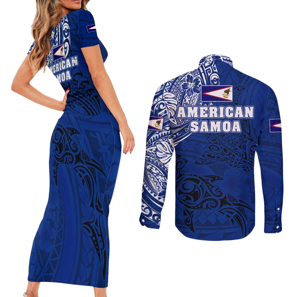Sharks And American Samoa Couples Matching Short Sleeve Bodycon Dress and Long Sleeve Button Shirt Simple Polynesian Blue