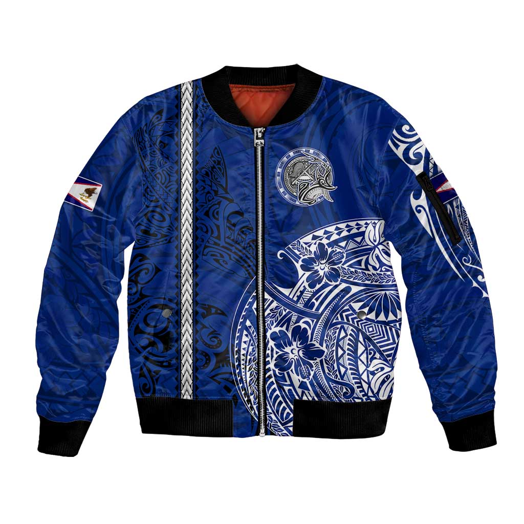 Sharks And American Samoa Sleeve Zip Bomber Jacket Simple Polynesian Blue