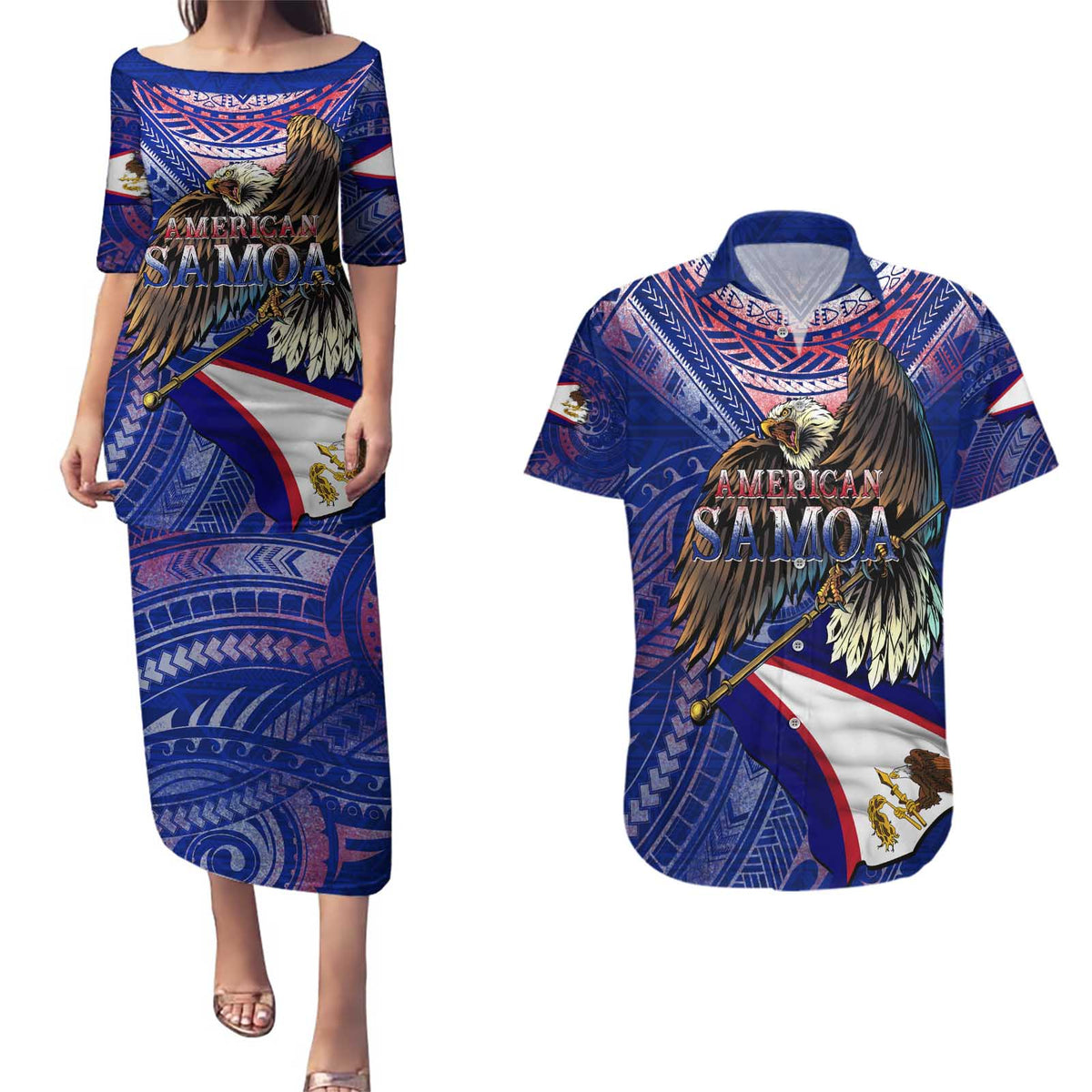 American Samoa Couples Matching Puletasi and Hawaiian Shirt Brave Eagle Flag Color DT02 Blue - Polynesian Pride