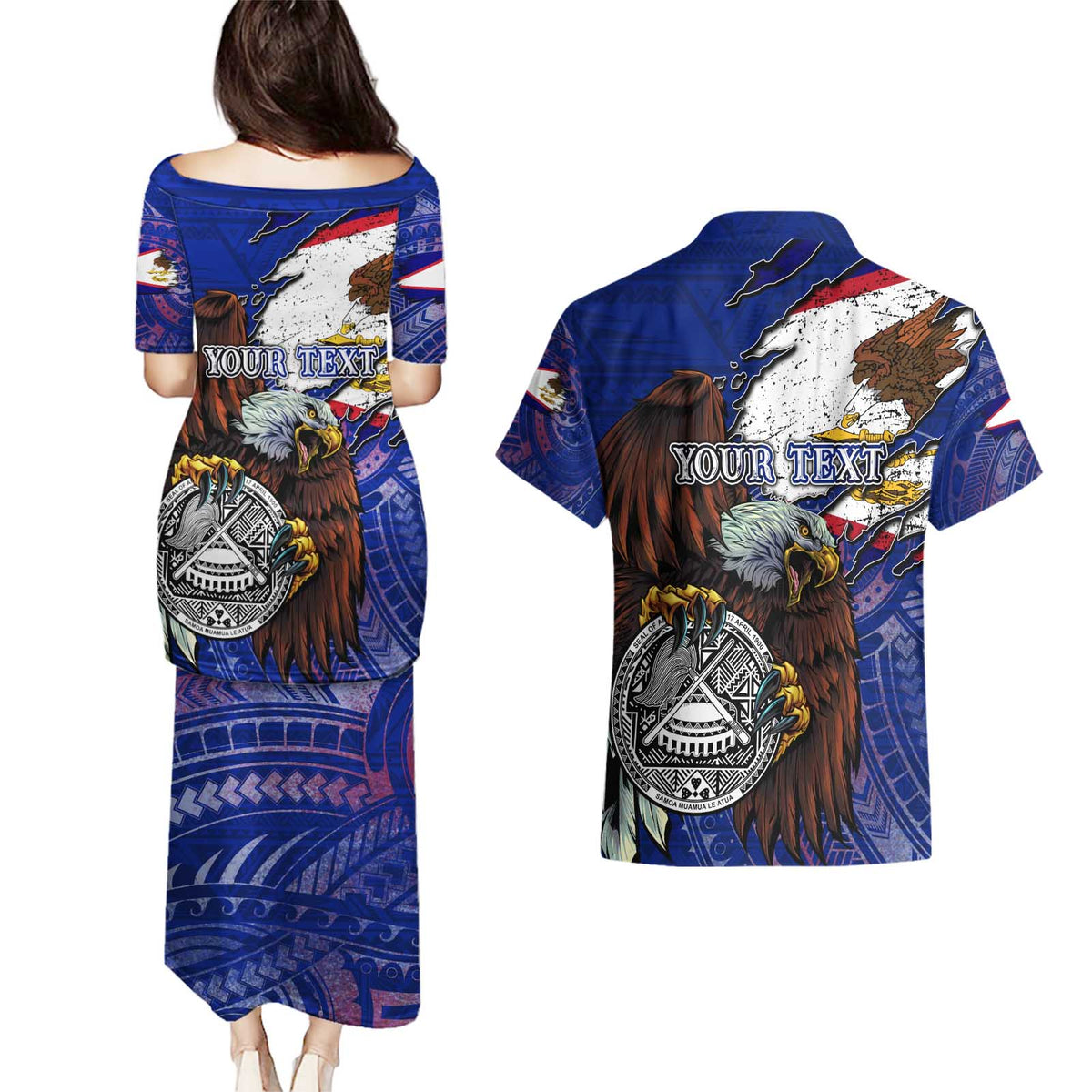 American Samoa Couples Matching Puletasi and Hawaiian Shirt Brave Eagle Flag Color DT02 - Polynesian Pride