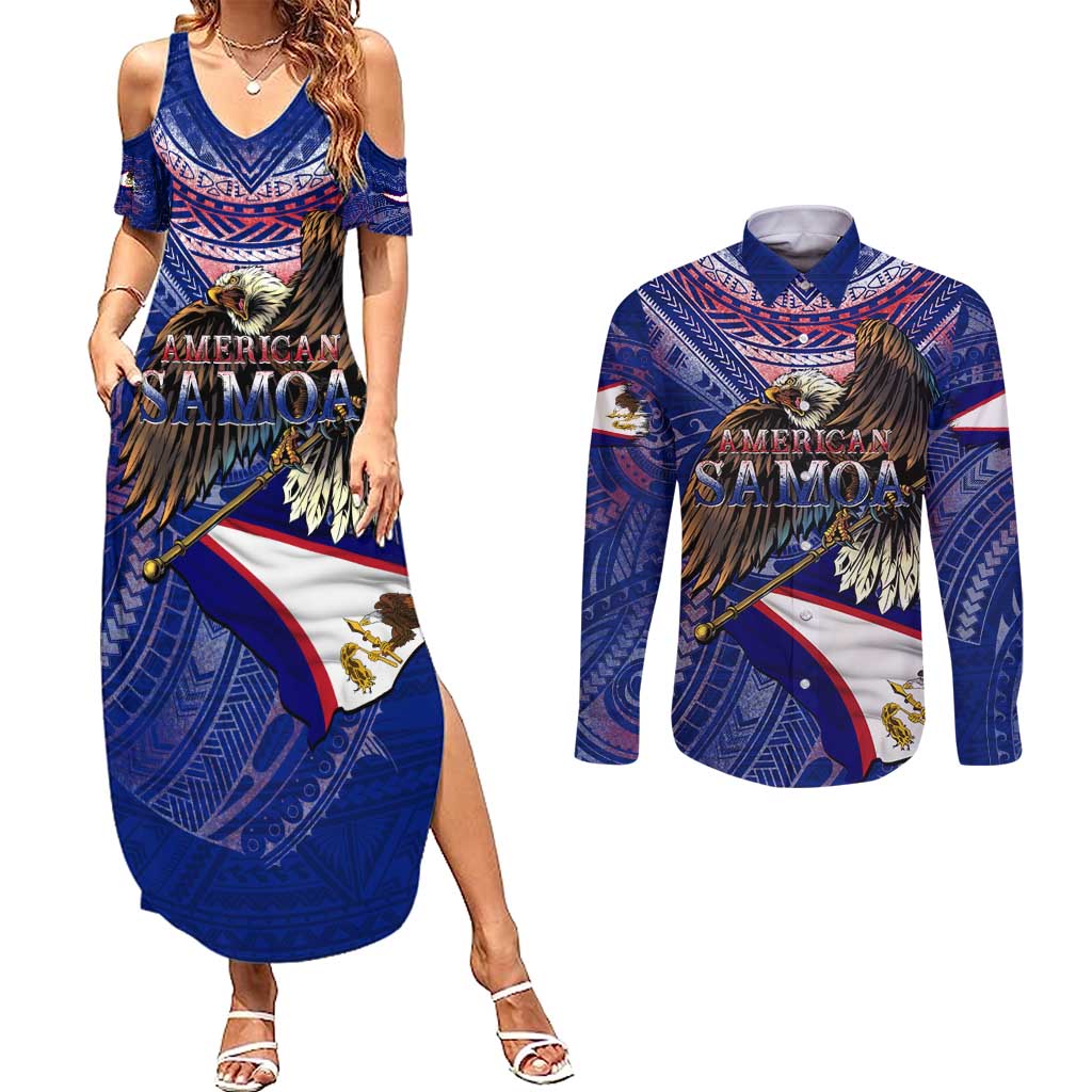 American Samoa Couples Matching Summer Maxi Dress and Long Sleeve Button Shirt Brave Eagle Flag Color