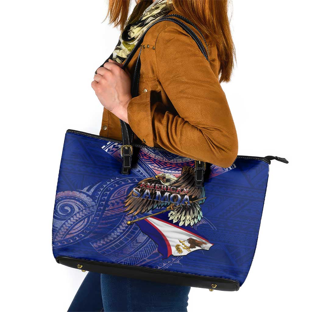 American Samoa Leather Tote Bag Brave Eagle Flag Color DT02 Blue - Polynesian Pride