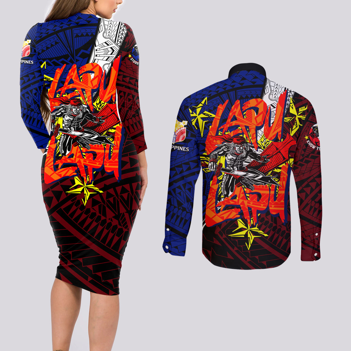 Philippines Lapu Lapu Couples Matching Long Sleeve Bodycon Dress and Long Sleeve Button Shirt Chief Filipino Tattoo DT02 - Polynesian Pride