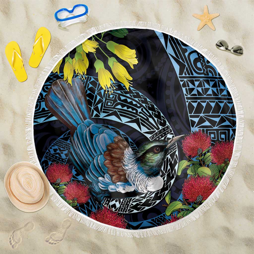New Zealand Tui Bird Beach Blanket Maori Koru Mix Pohutukawa