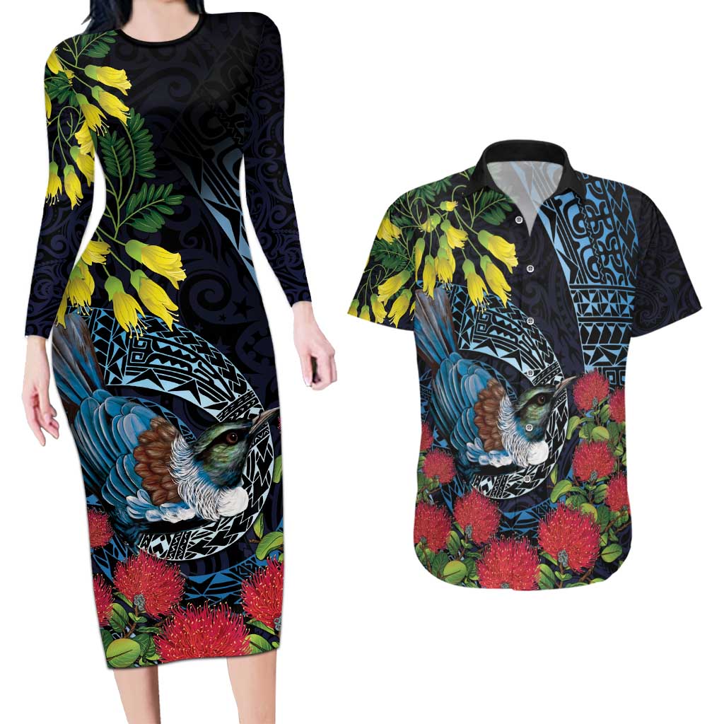 New Zealand Tui Bird Couples Matching Long Sleeve Bodycon Dress and Hawaiian Shirt Maori Koru Mix Pohutukawa