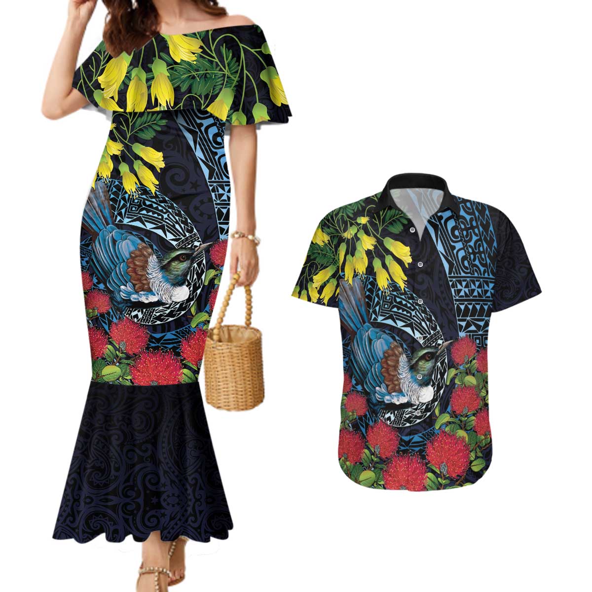 New Zealand Tui Bird Couples Matching Mermaid Dress and Hawaiian Shirt Maori Koru Mix Pohutukawa