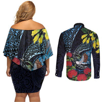 New Zealand Tui Bird Couples Matching Off Shoulder Short Dress and Long Sleeve Button Shirt Maori Koru Mix Pohutukawa DT04 - Polynesian Pride