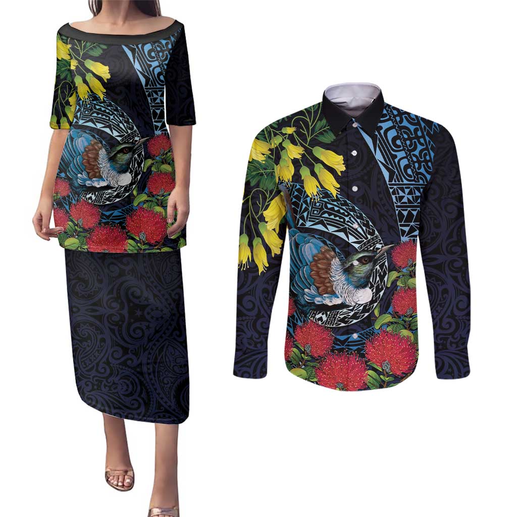New Zealand Tui Bird Couples Matching Puletasi and Long Sleeve Button Shirt Maori Koru Mix Pohutukawa DT04 Black - Polynesian Pride