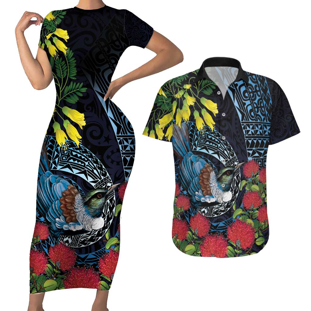 New Zealand Tui Bird Couples Matching Short Sleeve Bodycon Dress and Hawaiian Shirt Maori Koru Mix Pohutukawa