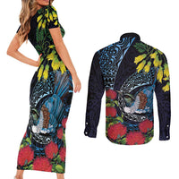 New Zealand Tui Bird Couples Matching Short Sleeve Bodycon Dress and Long Sleeve Button Shirt Maori Koru Mix Pohutukawa DT04 - Polynesian Pride