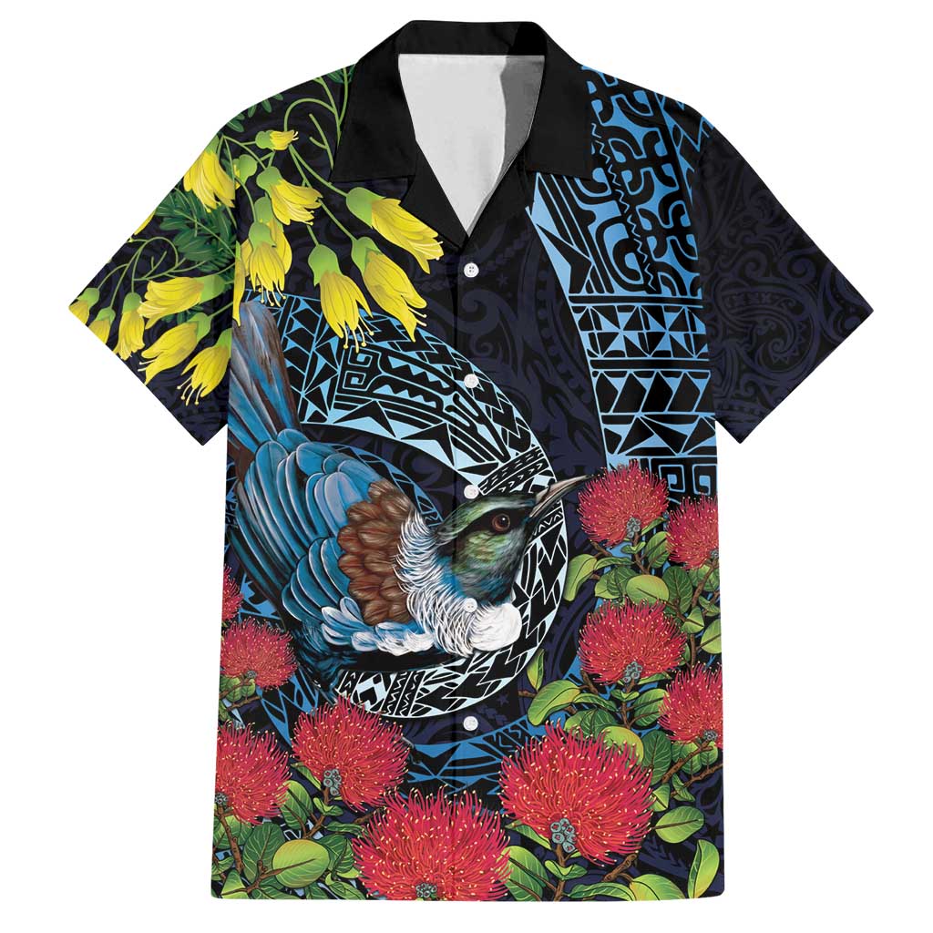 New Zealand Tui Bird Family Matching Long Sleeve Bodycon Dress and Hawaiian Shirt Maori Koru Mix Pohutukawa DT04 Dad's Shirt - Short Sleeve Black - Polynesian Pride