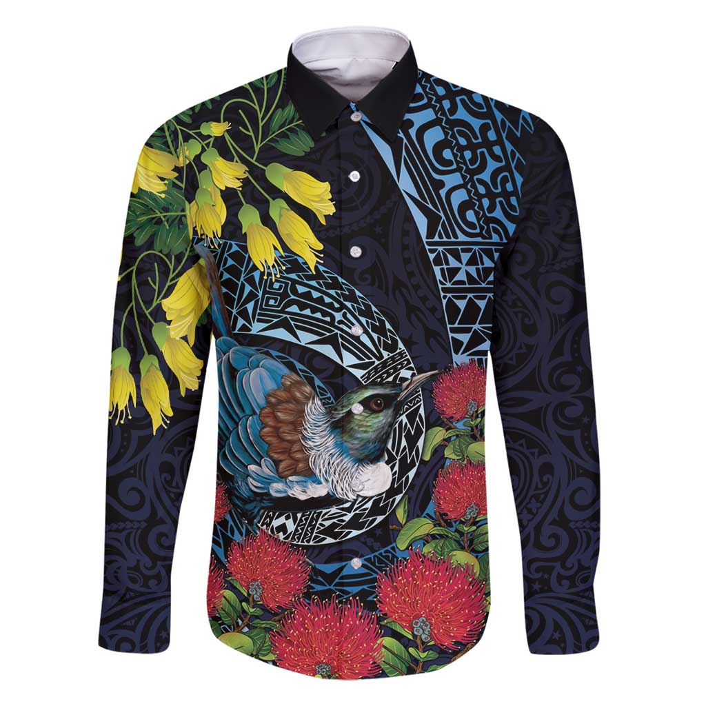 New Zealand Tui Bird Family Matching Long Sleeve Bodycon Dress and Hawaiian Shirt Maori Koru Mix Pohutukawa DT04 Dad's Shirt - Long Sleeve Black - Polynesian Pride
