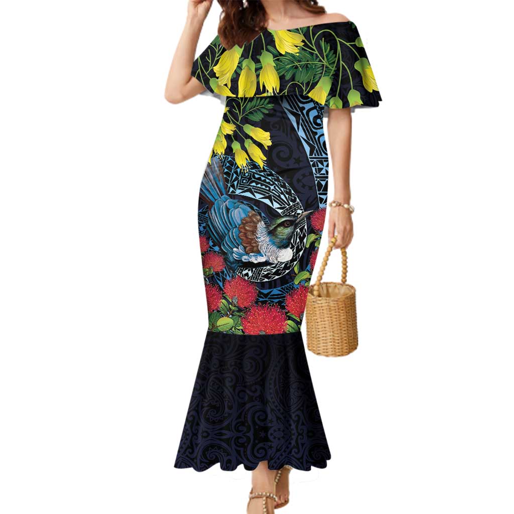 New Zealand Tui Bird Family Matching Mermaid Dress and Hawaiian Shirt Maori Koru Mix Pohutukawa DT04 Mom's Dress Black - Polynesian Pride