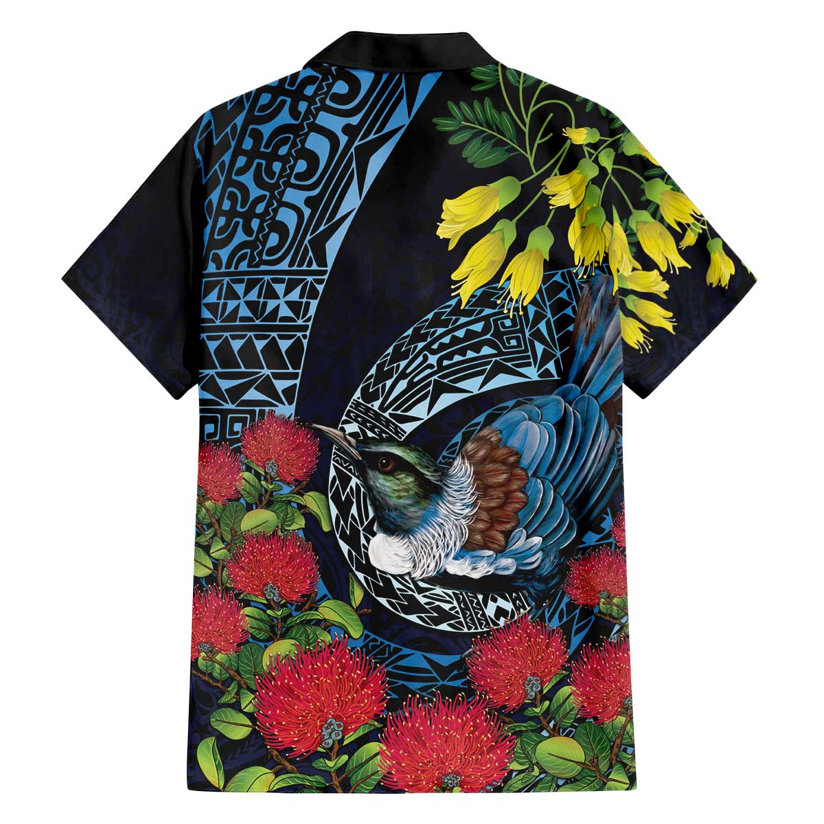 New Zealand Tui Bird Family Matching Off The Shoulder Long Sleeve Dress and Hawaiian Shirt Maori Koru Mix Pohutukawa DT04 - Polynesian Pride