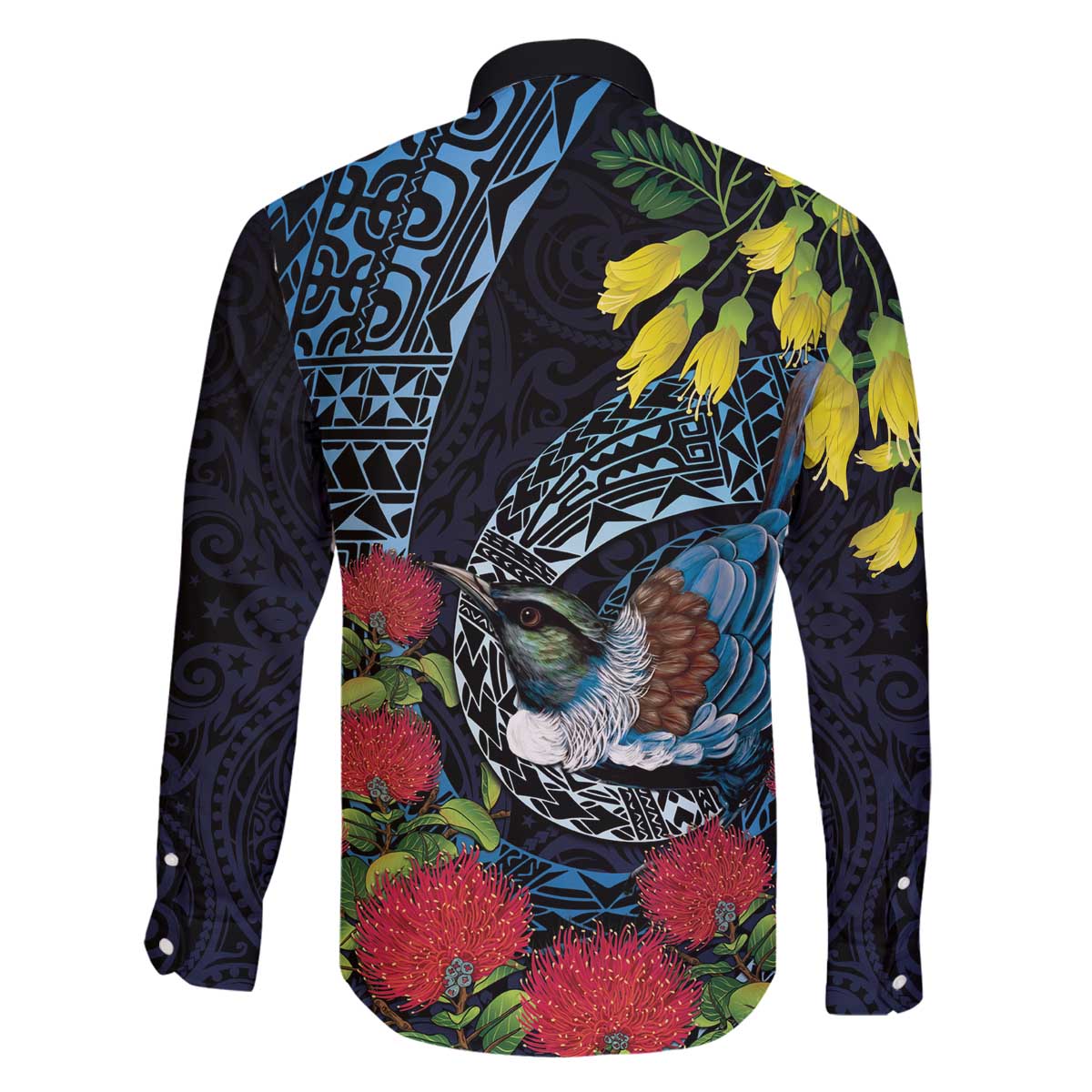 New Zealand Tui Bird Family Matching Off The Shoulder Long Sleeve Dress and Hawaiian Shirt Maori Koru Mix Pohutukawa DT04 - Polynesian Pride
