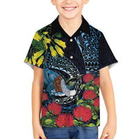 New Zealand Tui Bird Family Matching Off The Shoulder Long Sleeve Dress and Hawaiian Shirt Maori Koru Mix Pohutukawa DT04 Son's Shirt Black - Polynesian Pride