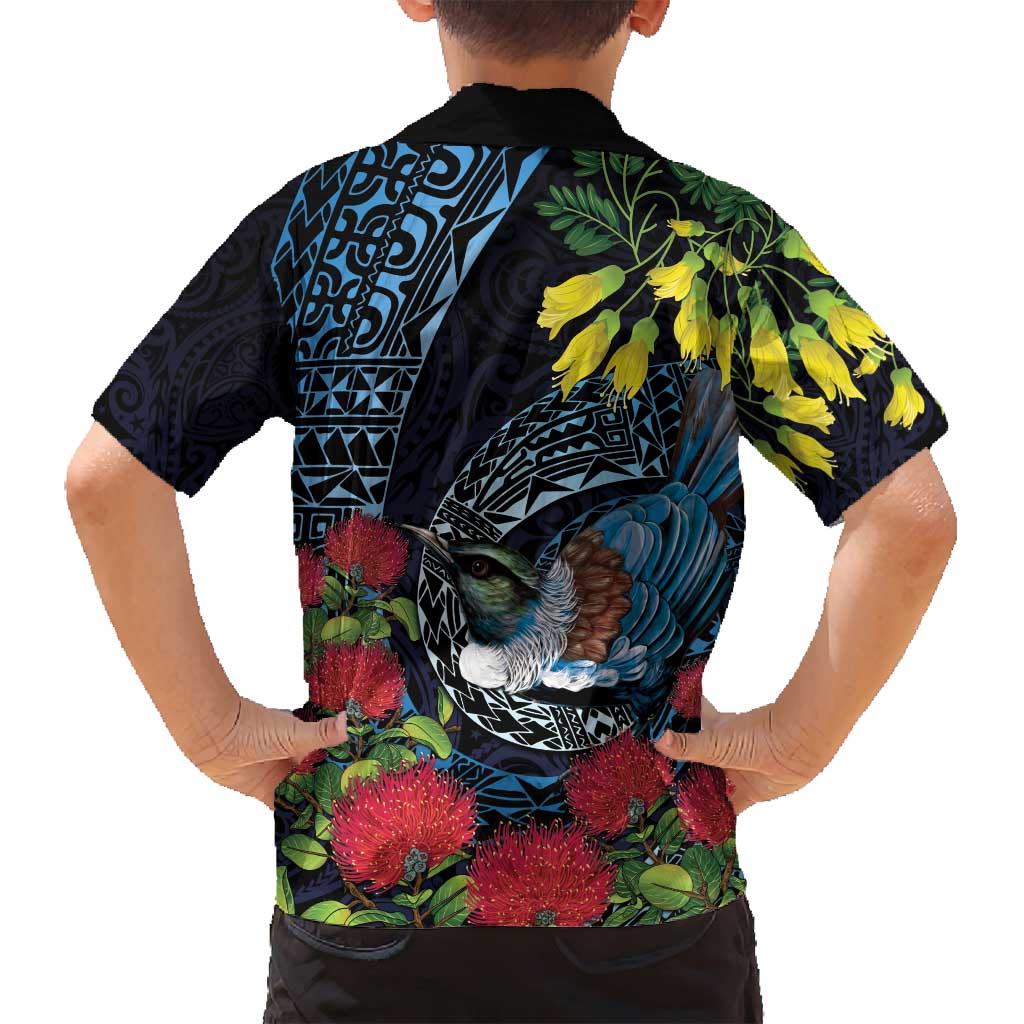 New Zealand Tui Bird Family Matching Off Shoulder Short Dress and Hawaiian Shirt Maori Koru Mix Pohutukawa