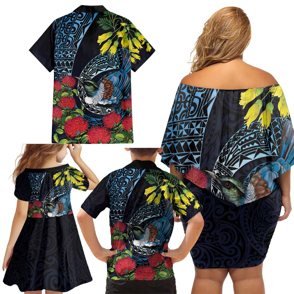 New Zealand Tui Bird Family Matching Off Shoulder Short Dress and Hawaiian Shirt Maori Koru Mix Pohutukawa