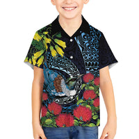 New Zealand Tui Bird Family Matching Off Shoulder Short Dress and Hawaiian Shirt Maori Koru Mix Pohutukawa