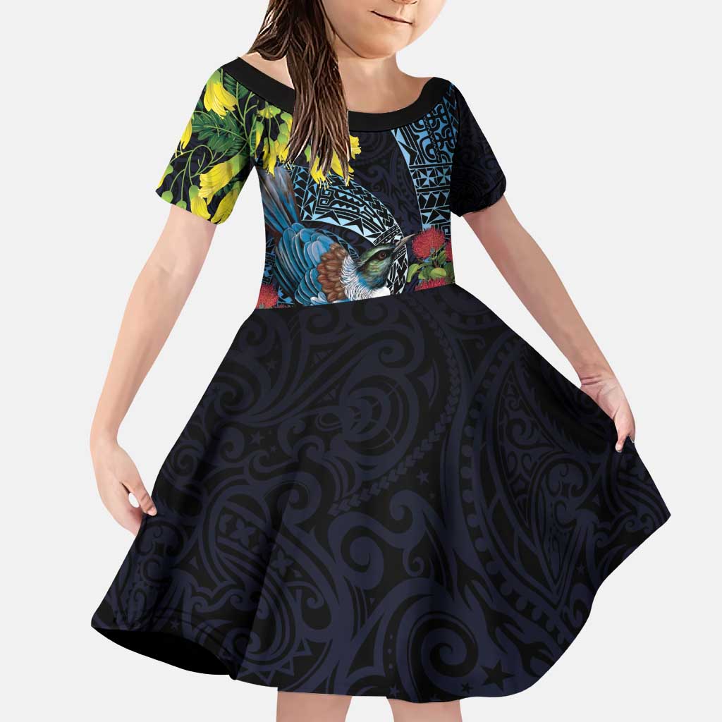 New Zealand Tui Bird Family Matching Puletasi and Hawaiian Shirt Maori Koru Mix Pohutukawa DT04 Daughter's Dress Black - Polynesian Pride