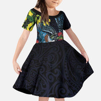 New Zealand Tui Bird Family Matching Puletasi and Hawaiian Shirt Maori Koru Mix Pohutukawa DT04 Daughter's Dress Black - Polynesian Pride