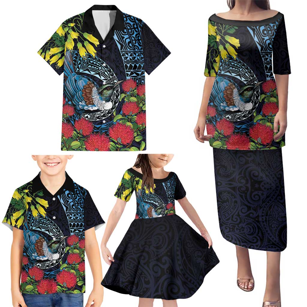 New Zealand Tui Bird Family Matching Puletasi and Hawaiian Shirt Maori Koru Mix Pohutukawa DT04 - Polynesian Pride