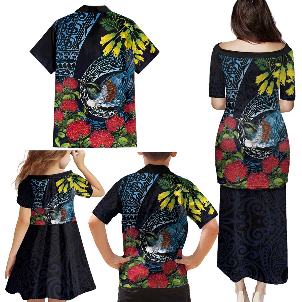 New Zealand Tui Bird Family Matching Puletasi and Hawaiian Shirt Maori Koru Mix Pohutukawa DT04 - Polynesian Pride