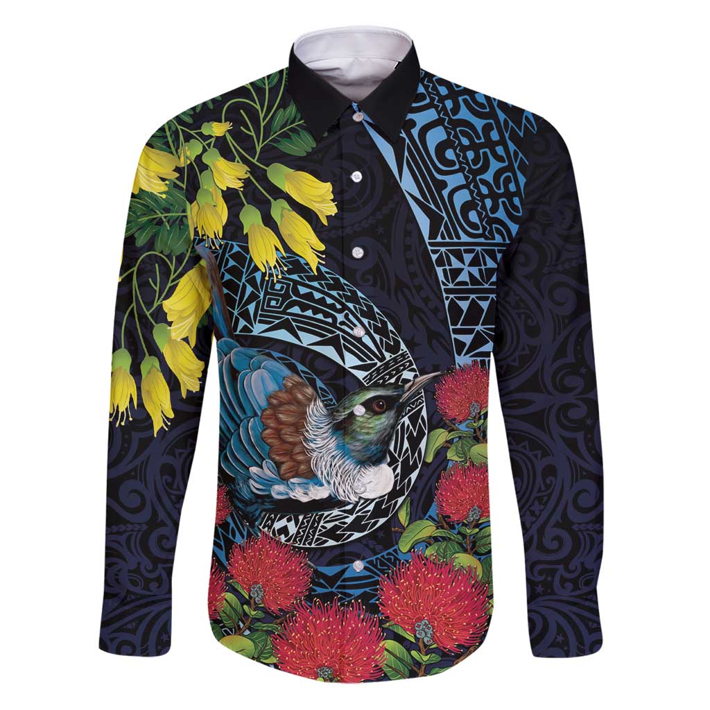 New Zealand Tui Bird Family Matching Puletasi and Hawaiian Shirt Maori Koru Mix Pohutukawa DT04 Dad's Shirt - Long Sleeve Black - Polynesian Pride