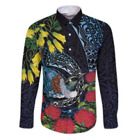 New Zealand Tui Bird Family Matching Puletasi and Hawaiian Shirt Maori Koru Mix Pohutukawa DT04 Dad's Shirt - Long Sleeve Black - Polynesian Pride