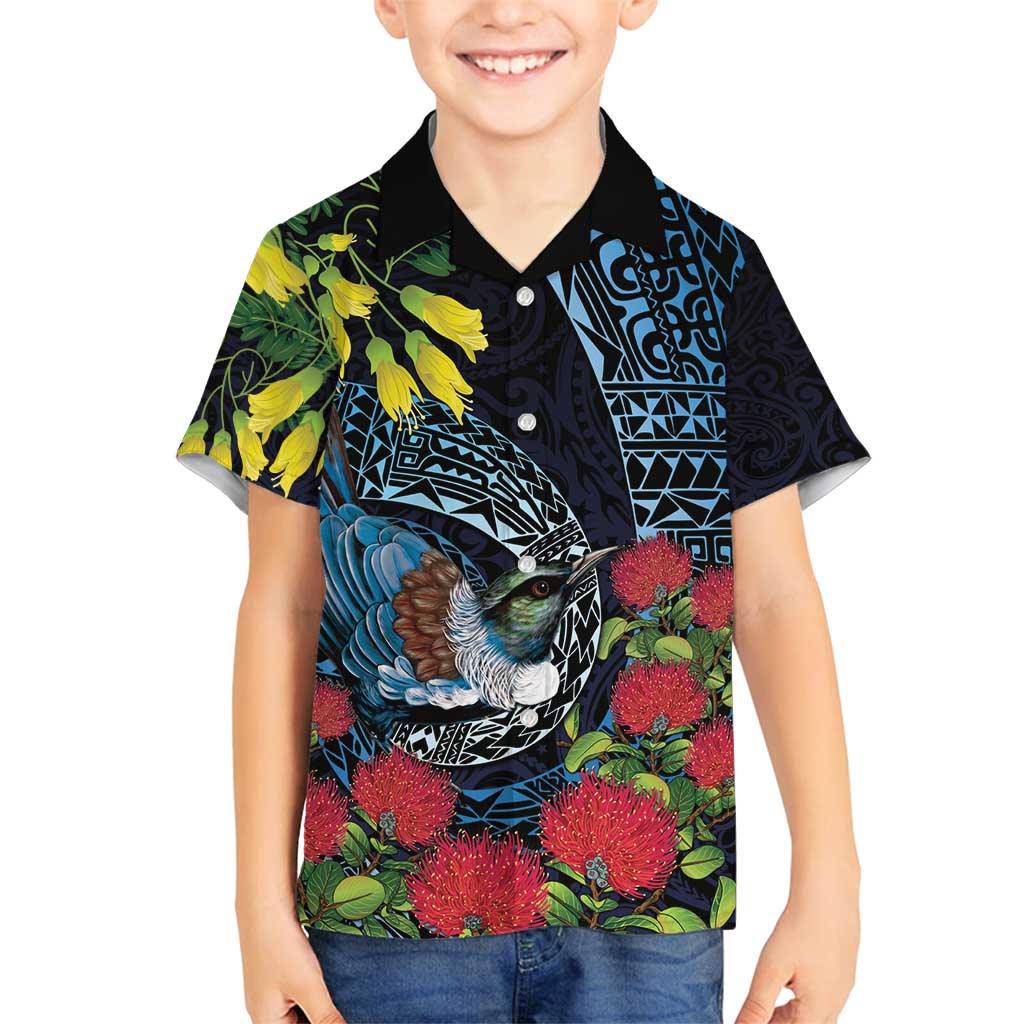 New Zealand Tui Bird Family Matching Puletasi and Hawaiian Shirt Maori Koru Mix Pohutukawa DT04 Son's Shirt Black - Polynesian Pride