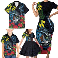 New Zealand Tui Bird Family Matching Short Sleeve Bodycon Dress and Hawaiian Shirt Maori Koru Mix Pohutukawa DT04 - Polynesian Pride