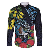 New Zealand Tui Bird Family Matching Short Sleeve Bodycon Dress and Hawaiian Shirt Maori Koru Mix Pohutukawa DT04 Dad's Shirt - Long Sleeve Black - Polynesian Pride